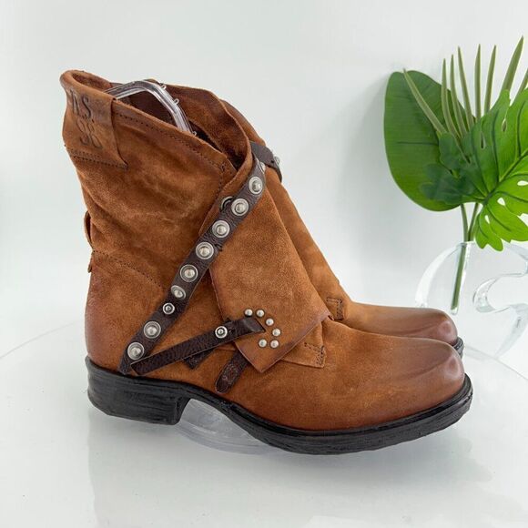 A.S. 98 Sheffield Leather Biker Boots Size 39 Brown Leather Studded Moto - Picture 2 of 10